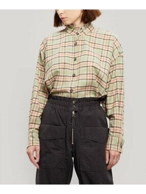 ISABEL MARANT ETOILE Womens XS US Plaid Ruffle Neck Button Up Shirt Boxy Cut Top